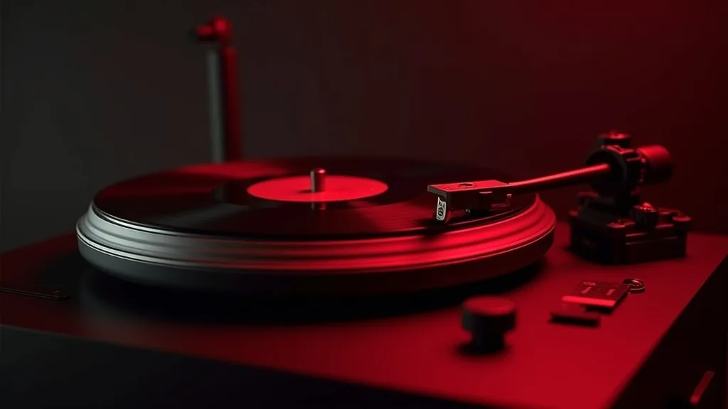 Audio-Technica AT-LP120XUSB turntable in red on a wooden shelf