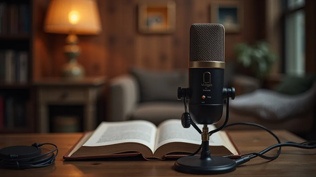 Person recording audiobook narration at a professional microphone setup in a treated home studio